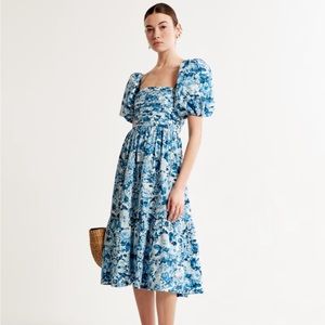 Emerson Poplin Puff Sleeve Midi Dress Blue Floral